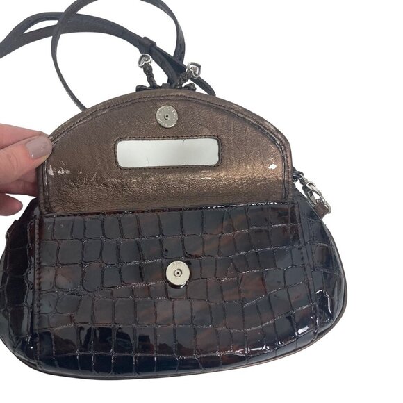 Brighton Croc Embossed Patent Leather Brown Cross Body Bag Converts To Clutch - Picture 6 of 10